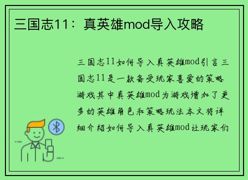 三国志11：真英雄mod导入攻略